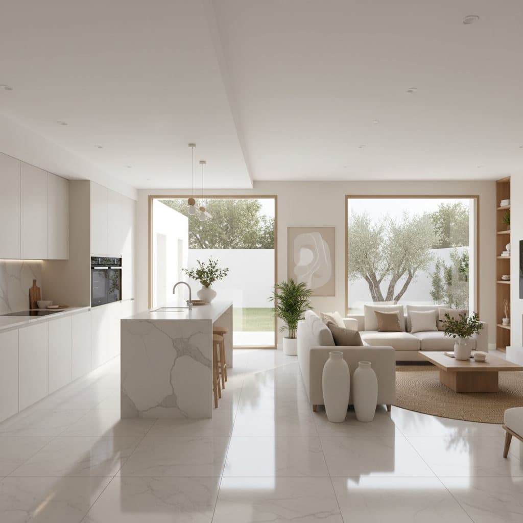 Cuisine ouverte et séjour d'un appartement contemporain, sols clairs impeccables