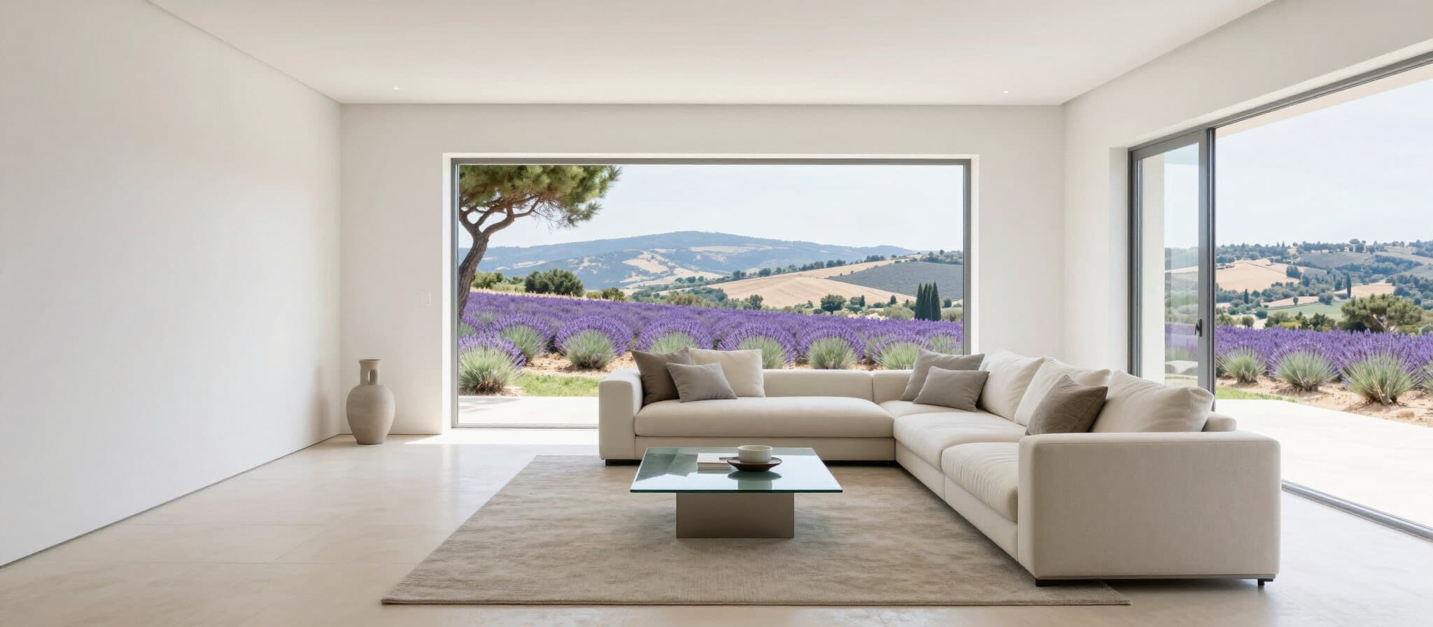 Grand salon épuré d'une villa ouvrant sur un champ de lavande et les collines de Provence